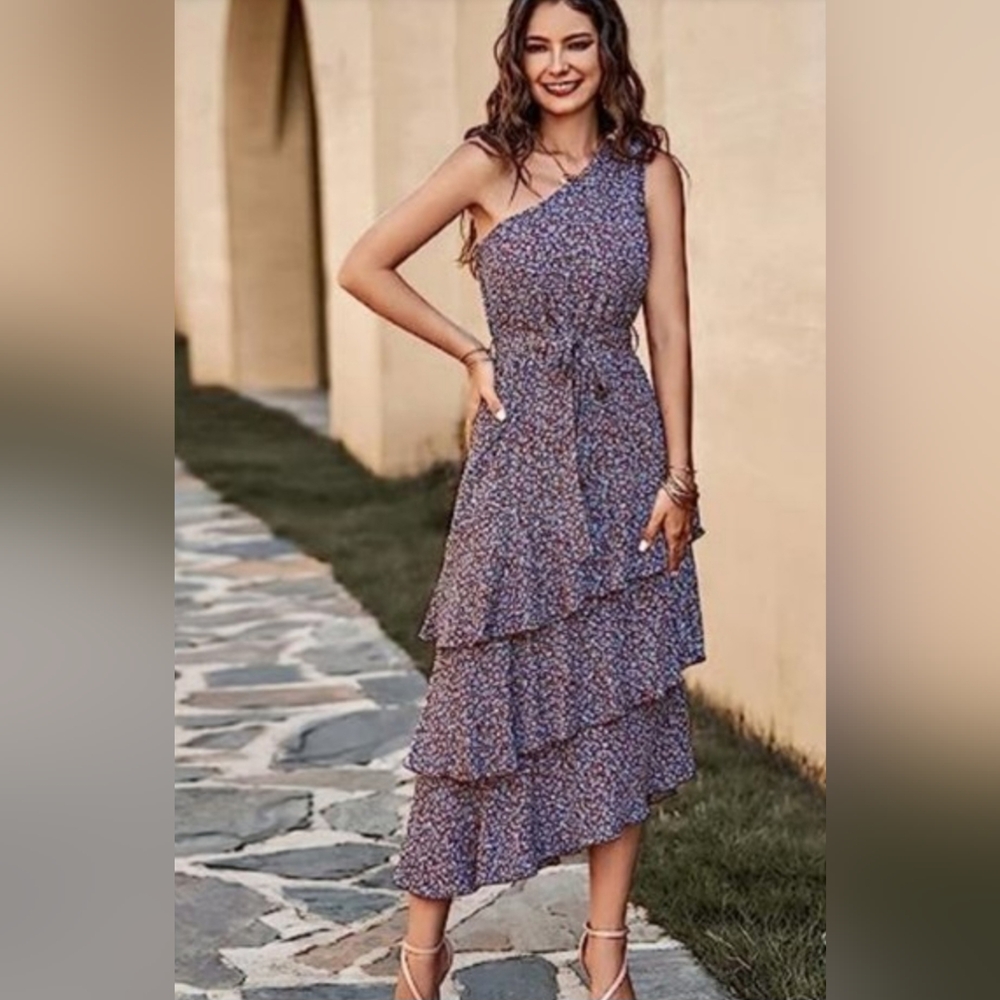 Pretty Garden Floral Aysemetrical One Shoulder Tiered Ruffled Midi Dress